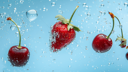 清晰樱桃草莓水珠气泡的背景