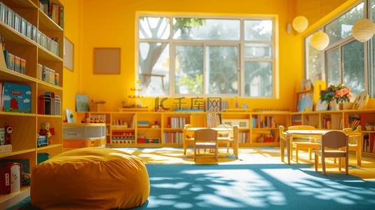 花朵黄色背景图片_黄色温馨幼儿园桌椅黑板阳光照射的背景