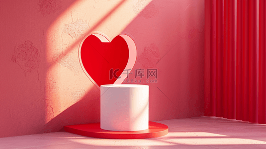 红色造型背景图片_阳关照射在室内红色爱心造型展台上的背景