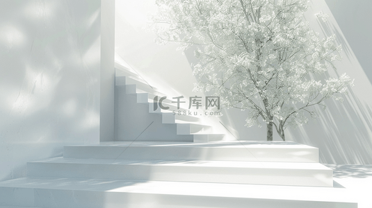 楼梯台阶标语背景图片_白色简约空间阳光照射树木台阶的背景