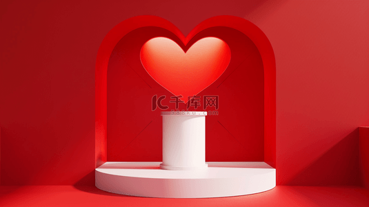 阳关照射在室内红色爱心造型展台上的背景