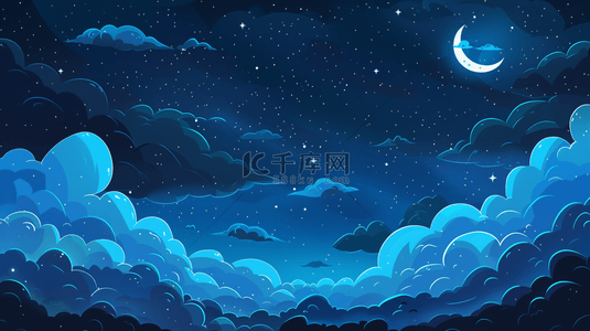 月亮星星云朵背景图片_绘画蓝色星空天空星星云彩的背景
