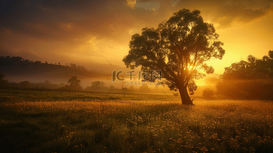 夕阳红pop背景图片_草坪上的一颗大树背景