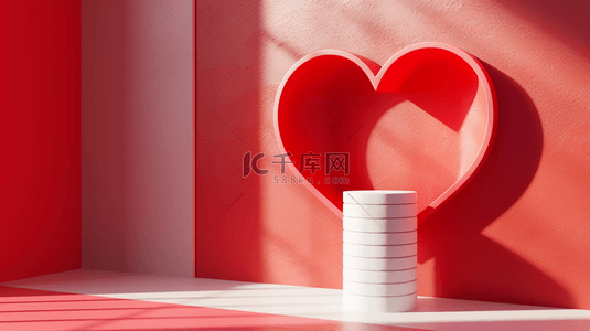 红色造型背景图片_阳关照射在室内红色爱心造型展台上的背景