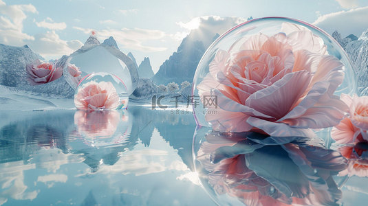 鲜花背景素材背景图片_展台鲜花明镜合成创意素材背景