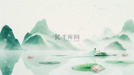 莲花山水背景背景图片_山水莲花小舟合成创意素材背景