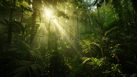 天气预报多风图标背景图片_天气阳光照射到原始森林树木上背景