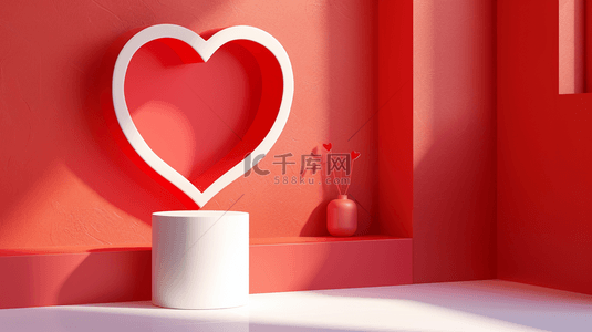 阳关照射在室内红色爱心造型展台上的背景