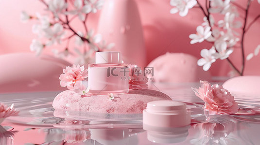 粉色化妆品鲜花合成创意素材背景