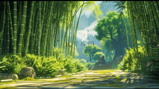 绿色清新户外山坡竹林景色的背景