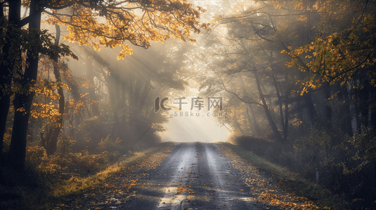 秋季阳光照射下的森林公路背景