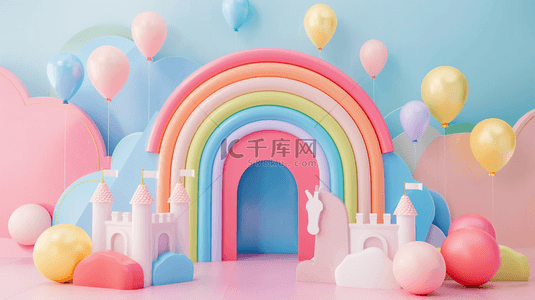 儿童节城堡背景图片_六一儿童节3D彩虹城堡气球展台图片