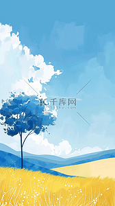 简约清新夏日田野里的一棵树风景壁纸背景图