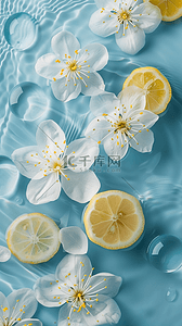 和水背景图片_夏日清凉水面上的柠檬片和花朵图片