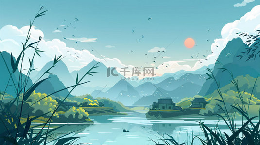 高山流水草木合成创意素材背景