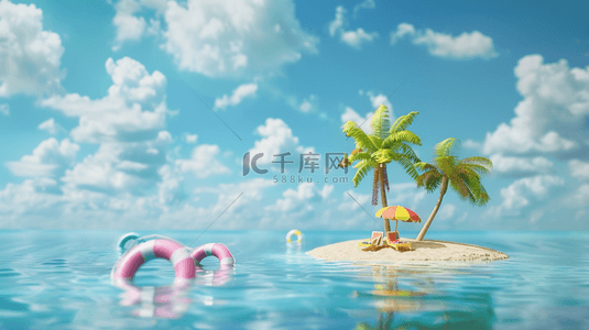 大海小岛背景图片_夏日椰子树泳圈遮阳伞海岛背景