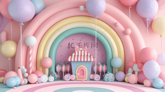 六一儿童节3D彩虹城堡气球展台背景图片