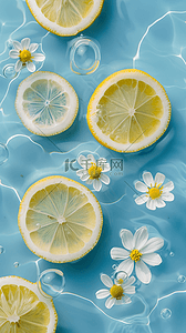 柠檬清爽背景图片_夏日清凉水面上的柠檬片和花朵背景图片