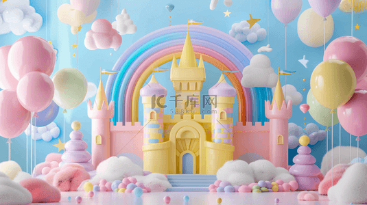 618粉丝节1背景图片_六一儿童节3D彩虹城堡气球展台背景图