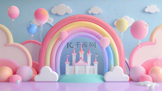 背景促销背景图片_六一儿童节3D彩虹城堡气球展台背景图