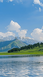 夏天山谷山河湖泊风景背景图