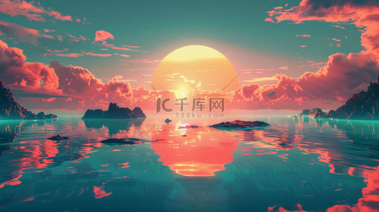 日本彩页素材背景图片_月亮炫彩山湖合成创意素材背景