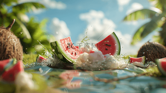 鲜水果背景图片_夏日微景观西瓜飞溅水花光影背景