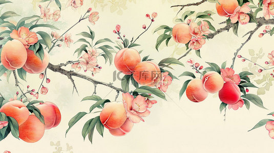 桃子背景图片_桃子树枝绿叶合成创意素材背景