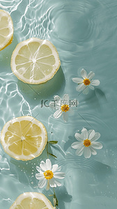 绘画柠檬片背景图片_夏日清凉水面上的柠檬片和花朵2背景图片
