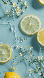 蓝色清凉夏日背景图片_夏日清凉水面上的柠檬片和花朵1设计