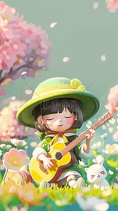 可爱吉他背景图片_3D六一儿童节弹吉他的小女孩背景图