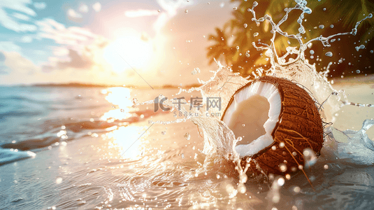 椰子保龄球背景图片_夏日微景观椰子飞溅水花光影背景