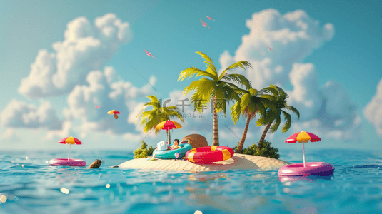 大海与船背景图片_夏日椰子树泳圈遮阳伞海岛背景