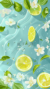 蓝色清凉夏日背景图片_夏日清凉水面上的柠檬片和花朵素材