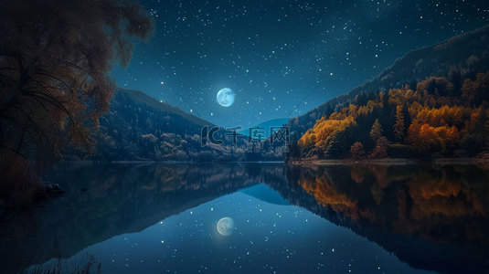 夜空月亮背景图片_夜空月亮倒影合成创意素材背景