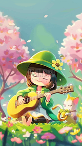 3D六一儿童节弹吉他的小女孩背景素材