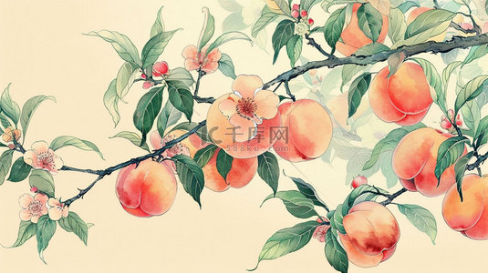 桃子桃子背景图片_桃子树枝绿叶合成创意素材背景