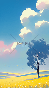 夏天的树背景图片_简约清新夏日田野里的一棵树风景壁纸设计图