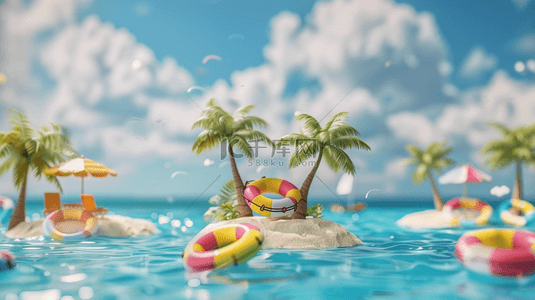 背景海岛背景图片_夏日椰子树泳圈遮阳伞海岛背景
