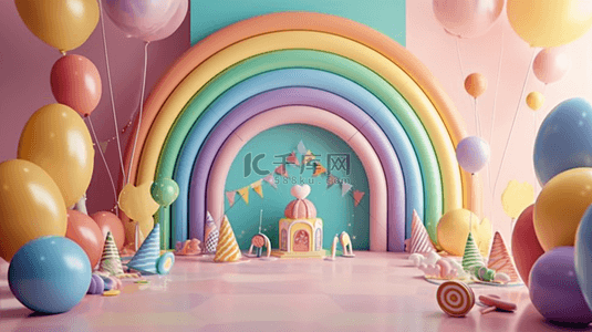 儿童节城堡背景图片_六一儿童节3D彩虹城堡气球展台背景图片