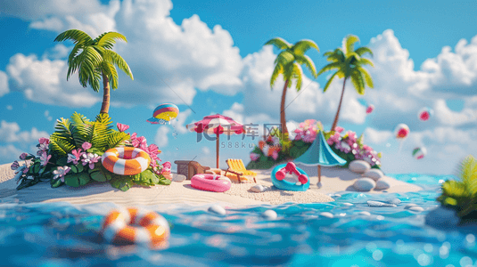 背景海岛背景图片_夏日椰子树泳圈遮阳伞海岛背景
