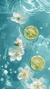蓝色清凉夏日背景图片_夏日清凉水面上的柠檬片和花朵背景素材