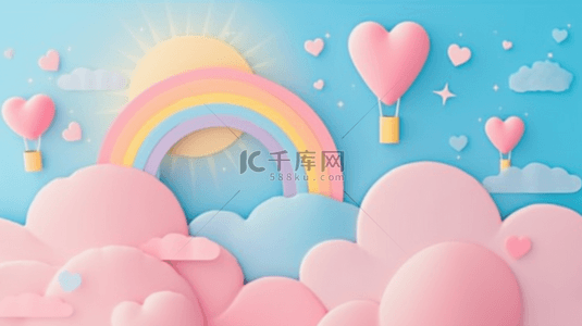 剪纸风六一儿童节3D云朵彩虹气球背景