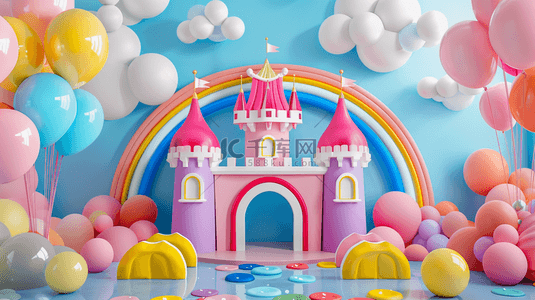 儿童节城堡背景图片_六一儿童节3D彩虹城堡气球展台素材