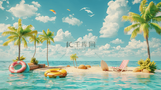夏日遮阳伞背景图片_夏日椰子树泳圈遮阳伞海岛背景