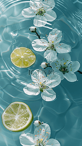 夏日清凉水面上的柠檬片和花朵背景图