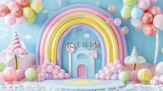 六一儿童节3D彩虹城堡气球展台背景