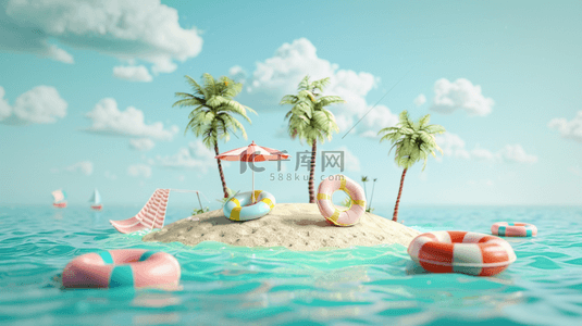 大海椰子树背景图片_夏日椰子树泳圈遮阳伞海岛背景