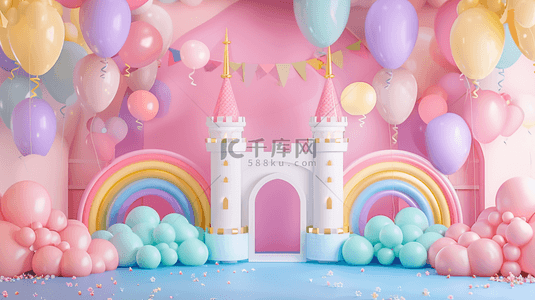 活动促销广告背景图片_六一儿童节3D彩虹城堡气球展台设计