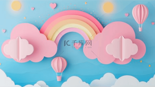 儿童节云朵蓝色背景图片_剪纸风六一儿童节3D云朵彩虹气球背景